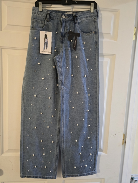 Ashley Mason Denim - Ashley Mason Light Blue Straight-Leg Jeans with Pearl Accents